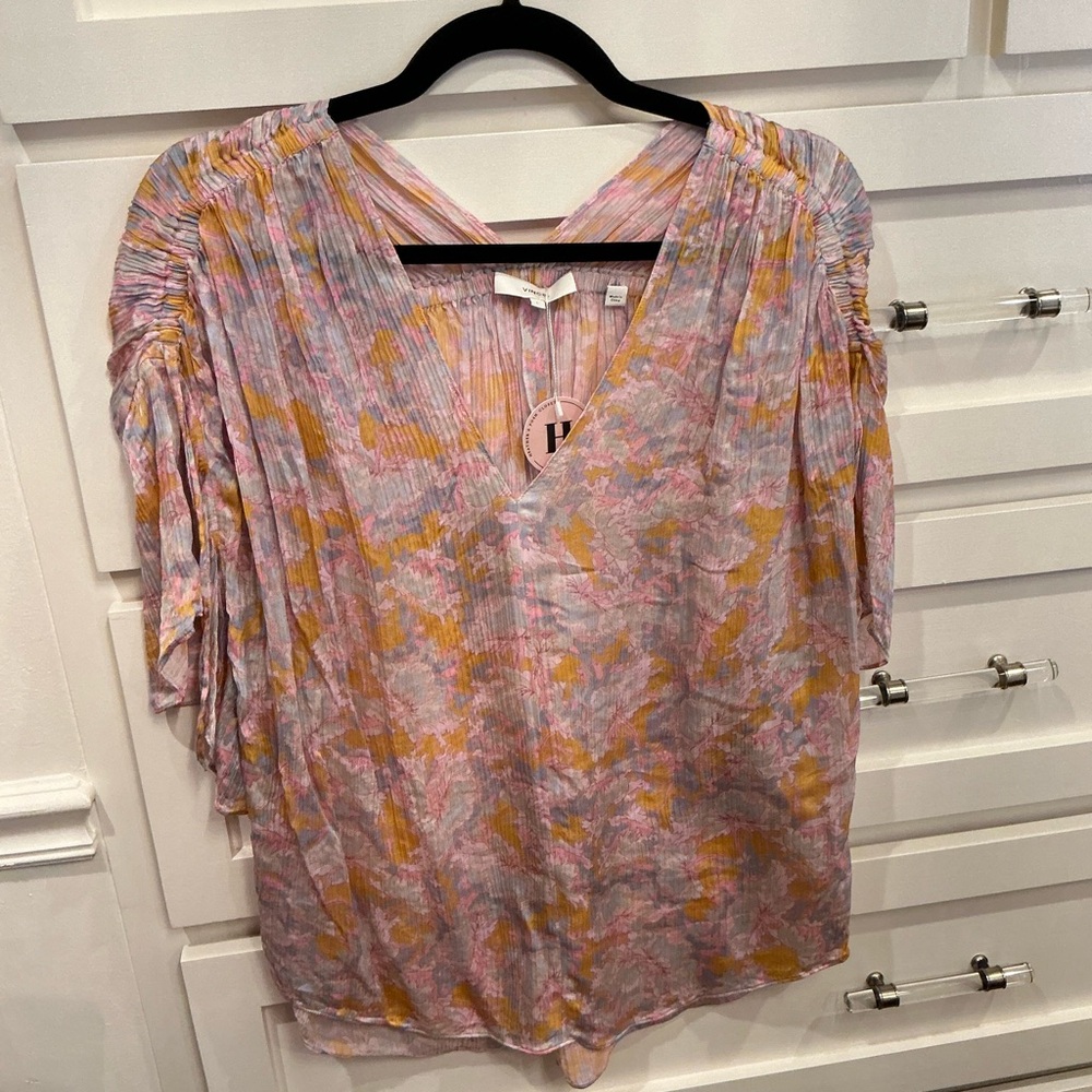Vince Pastel V-Neck Ruched Sleeve Blouse, 100% silk - Picture 2 of 7